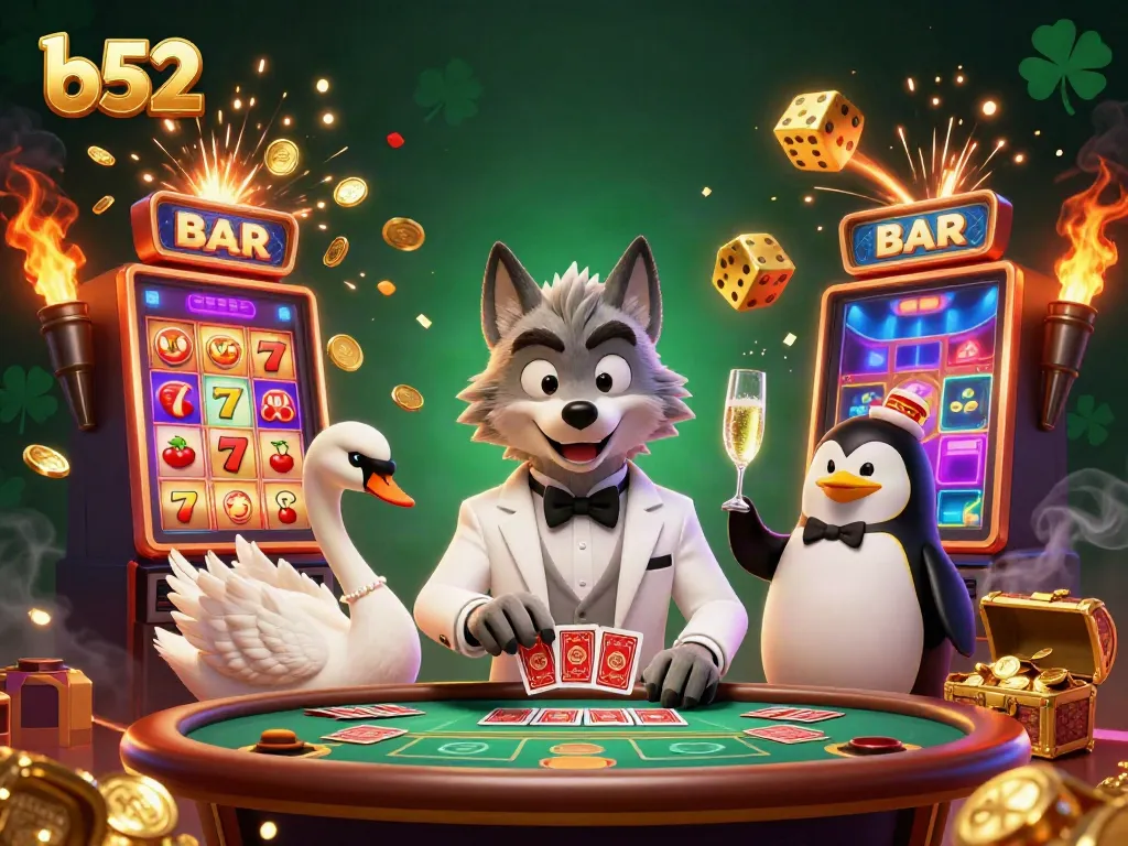 Experience thrilling b52 excitement at a luxurious baccarat table with animated characters and vibrant casino elements.