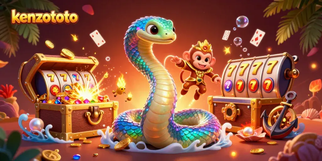 Experience the excitement of kenzototo with our vibrant 3D illustration featuring dynamic slot reels and playful characters.