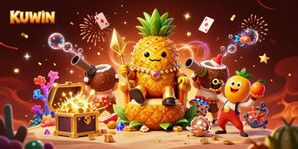 Engage with KUWIN's vibrant casino adventure featuring a golden pineapple king and treasure elements.
