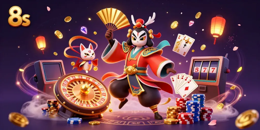 Join the kabuki warrior and kitsune in an immersive 8s casino gaming adventure.