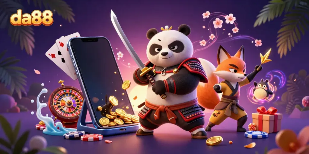 Engage with da88's exciting casino environment featuring a fierce panda warrior, a ninja fox, and magical elements.