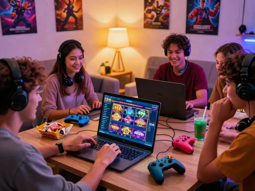 Engaging gameplay on a slot gacor hari ini laptop surrounded by friends enjoying snacks and drinks.