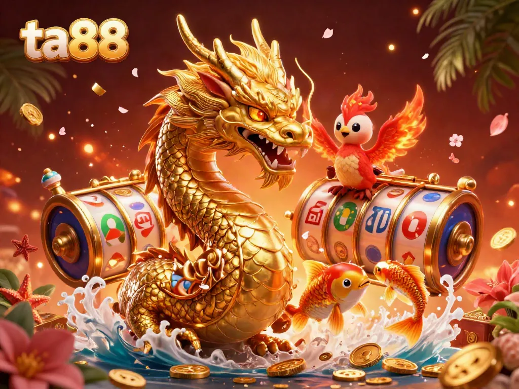 Experience ta88 with a vibrant dragon and koi fish amidst gold coins in a dynamic casino scene
