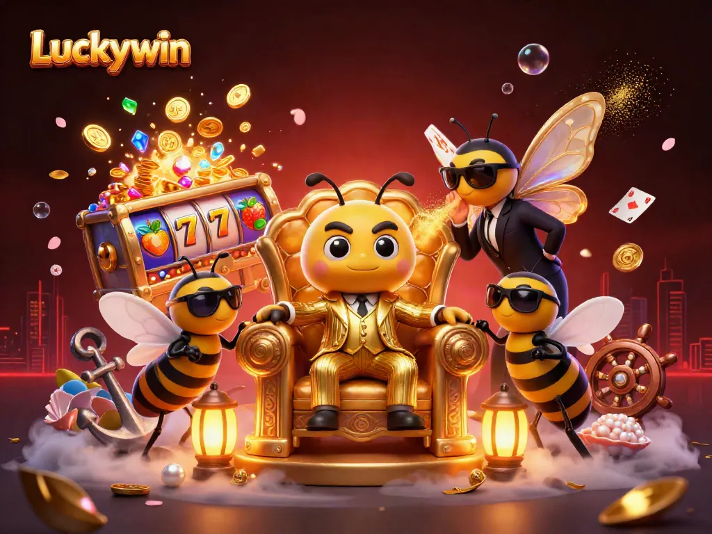 Experience Luckywin's vibrant casino scene with a bustling bumblebee mob boss and thrilling slot action.