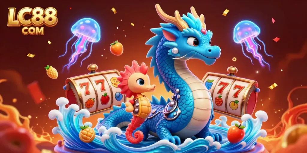 Experience thrilling gameplay with the vibrant LC88 COM casino featuring slots, dragons, and confetti.