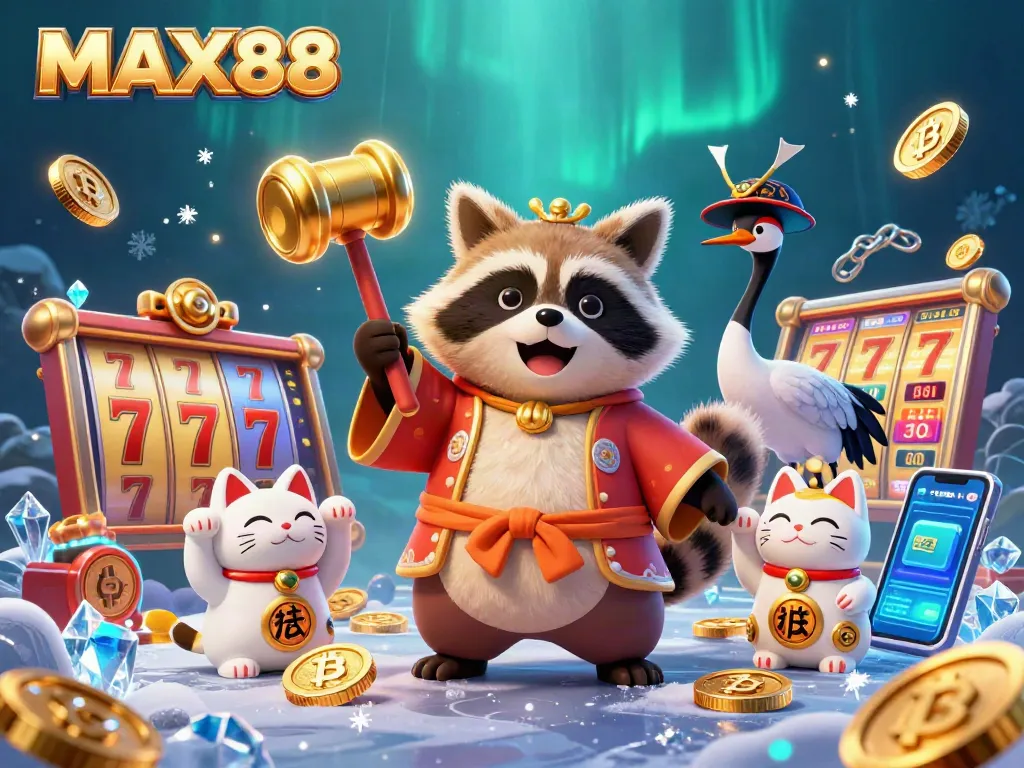 Engage with MAX88 as a cheerful tanuki holds a golden mallet amidst vibrant casino elements.