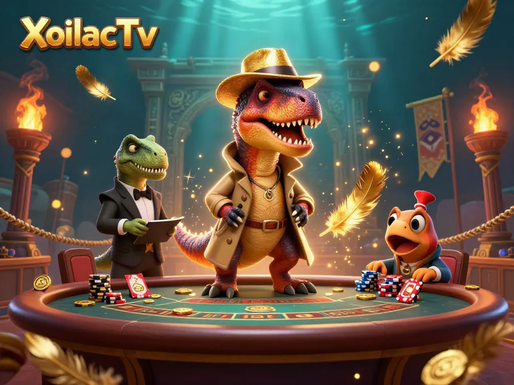 XoilacTv features a playful velociraptor card counter amidst interactive casino chaos.