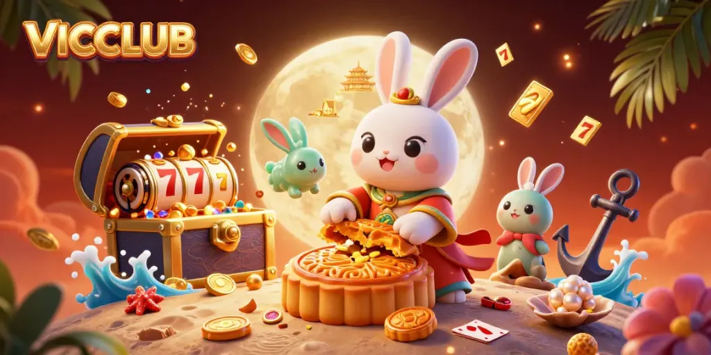 Experience the excitement of VICCLUB with a fantasy rabbit scene revealing casino treasures.