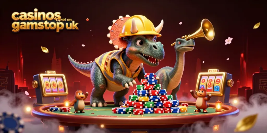 Engage in the excitement of casinos not on gamstop uk with a vibrant 3D illustration of playful dino characters amidst poker elements.