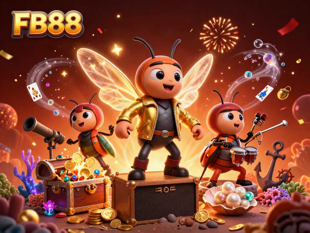 Join the excitement with FB88 as cartoon characters celebrate big wins in a vibrant casino scene.