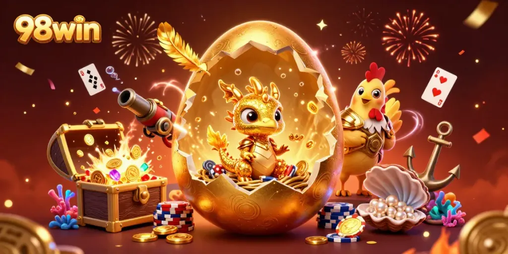 Experience exciting wins at 98win com with golden dragon and poker treasures in this illustration.