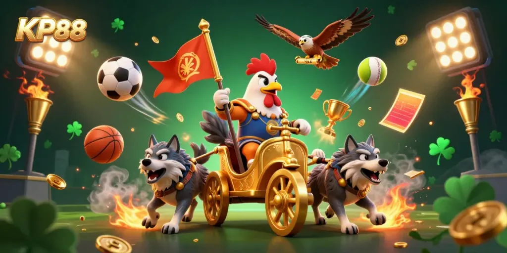 Experience the excitement of KP88 with a dynamic 3D scene featuring a rooster warlord, sports balls, and gold coins.
