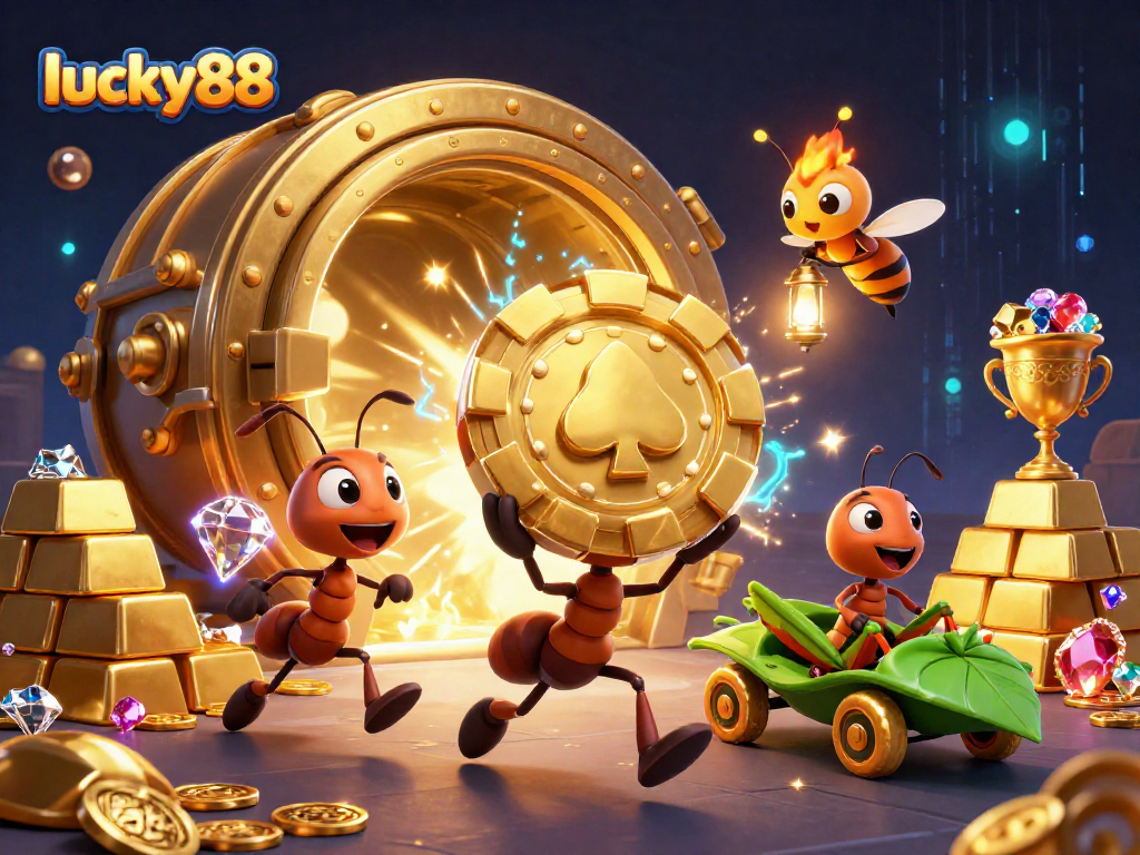 Join the heist with lucky88's golden poker chip adventure featuring animated ant characters and treasures.