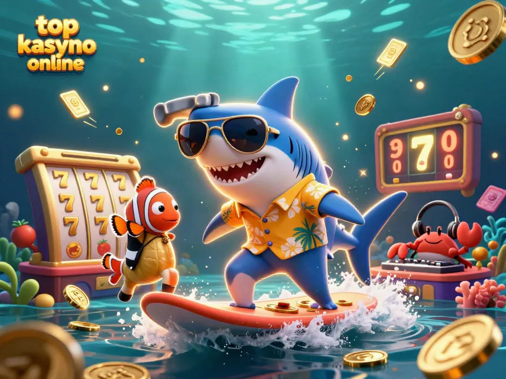 Play at the top kasyno online with an exciting underwater scene featuring a shark surfing on coins.