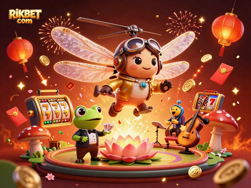 Experience exciting games at RIKBET com through a vibrant 3D casino illustration, featuring dynamic characters and elements.