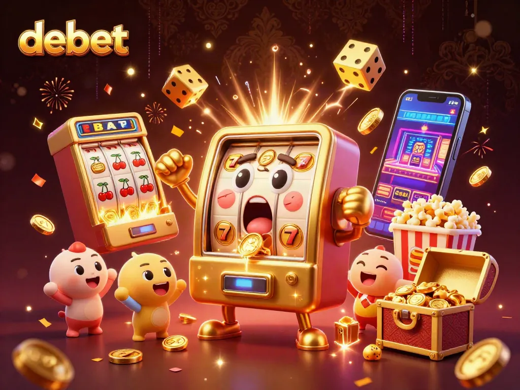 Experience the thrill of debet with golden slot machines hitting jackpots amidst vibrant casino elements and excitement.