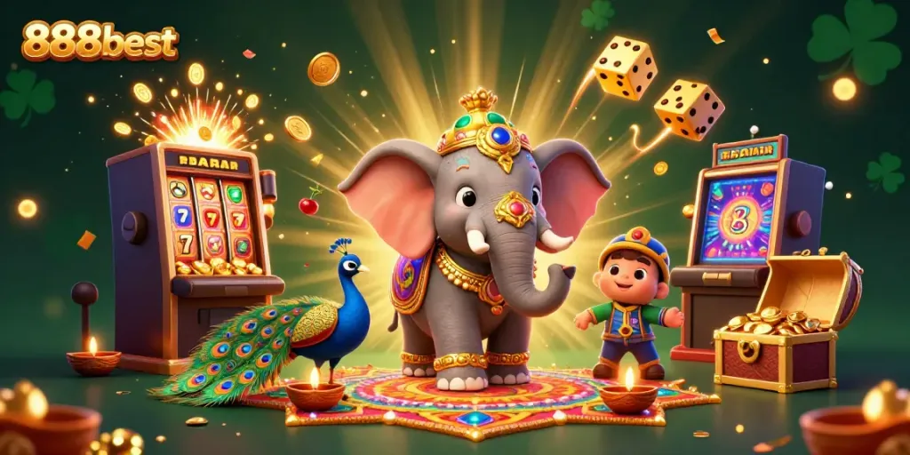 Join the fun with 888best, featuring colorful casino elements and festive characters.