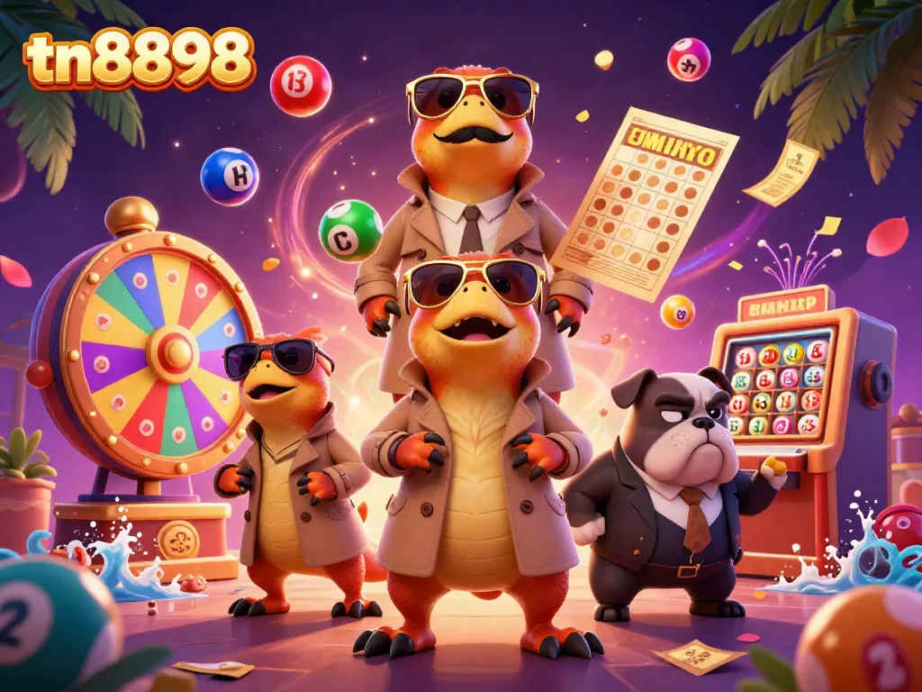 Experience tn8898's unique gaming vibe with raptors and vibrant casino elements.