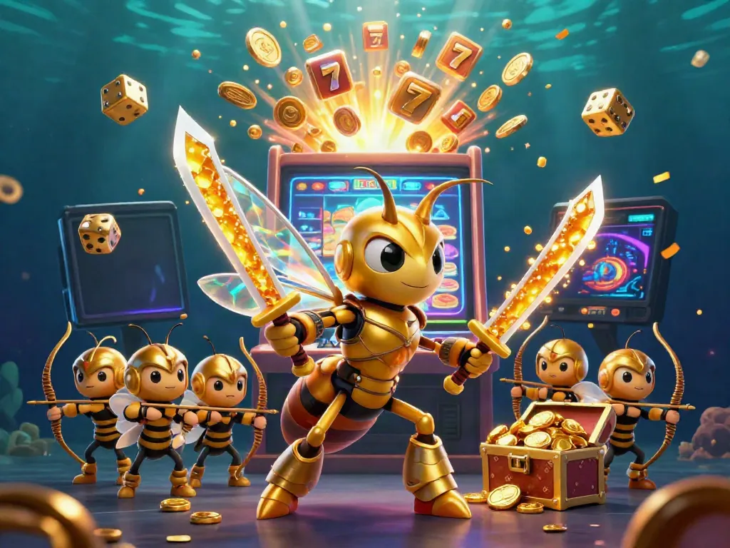 Experience the excitement of CASINO BL555 with a vibrant 3D fantasy scene of a golden hornet samurai and casino game elements.