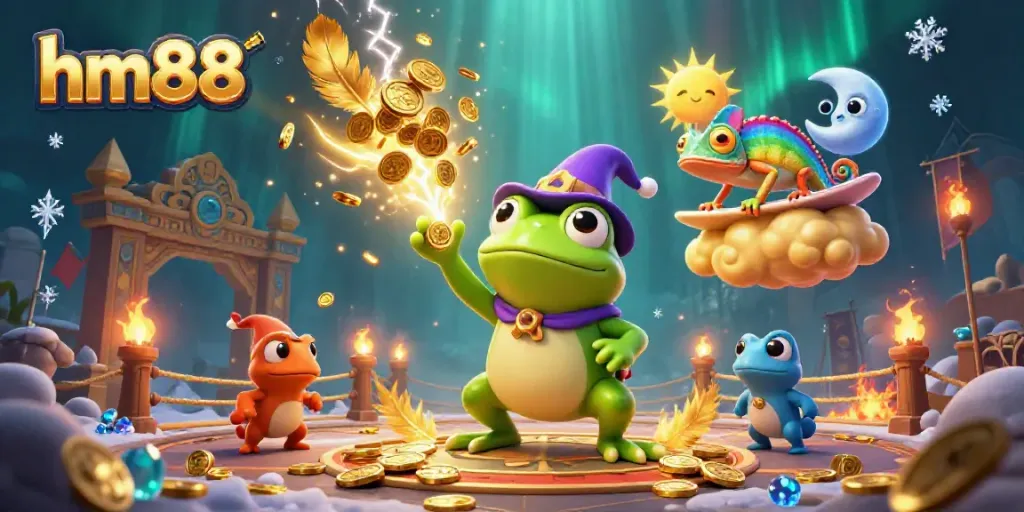 Experience the thrill of hm88 as the weather wizard frog conjures a golden coin storm in a vibrant casino scene.
