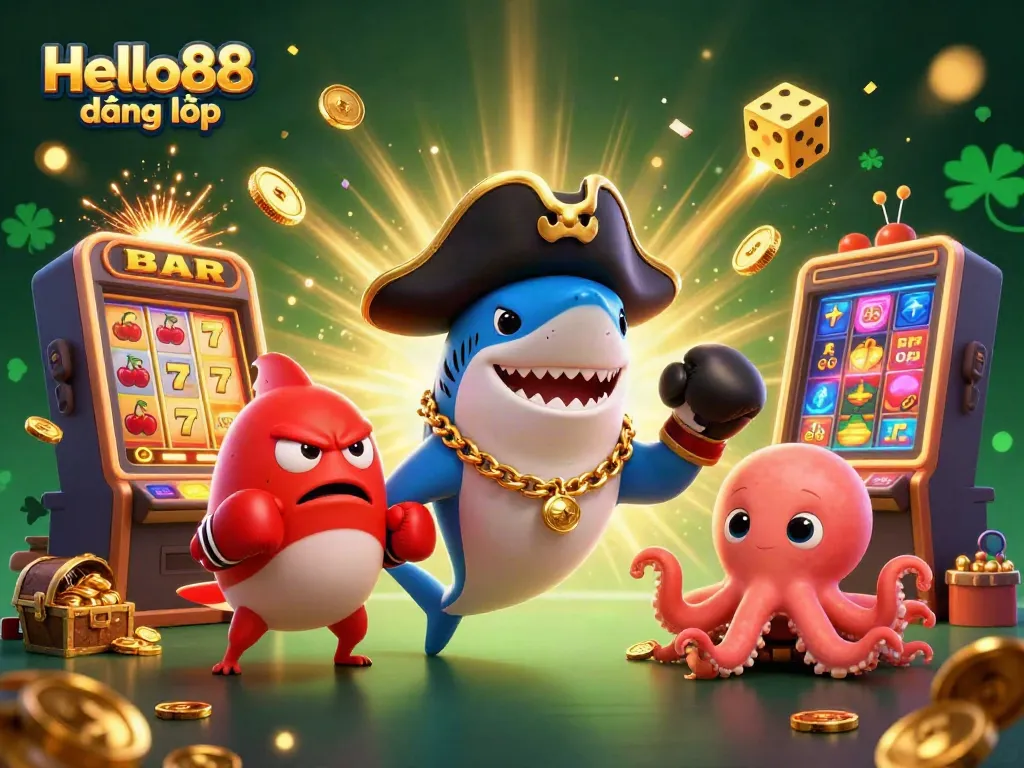 Win big with Hello88 đăng nhập, featuring a colorful 3D casino scene with lively characters and game elements.
