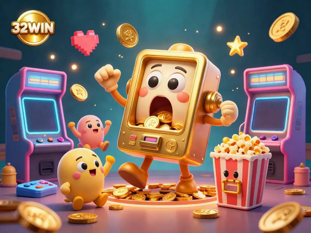 32WIN celebrates a jackpot moment with a lively 3D scene of cartoon slot machines and arcade elements.