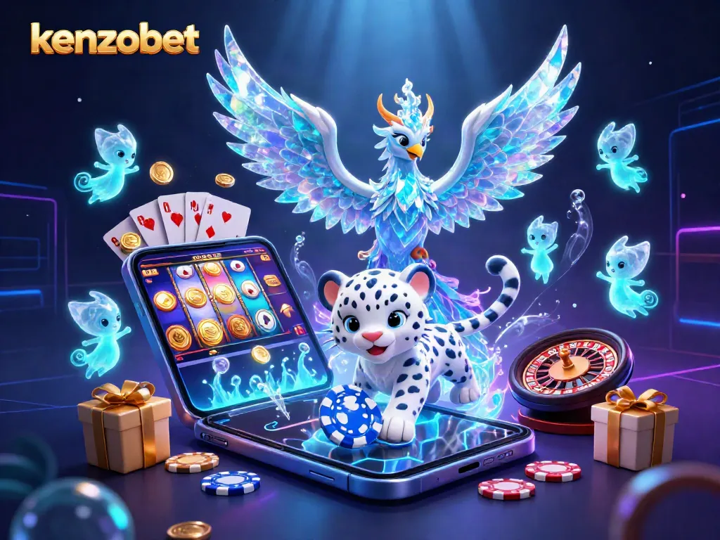 Experience slots and jackpots with Kenzobet's vibrant gaming universe featuring an ice phoenix and snow leopard.