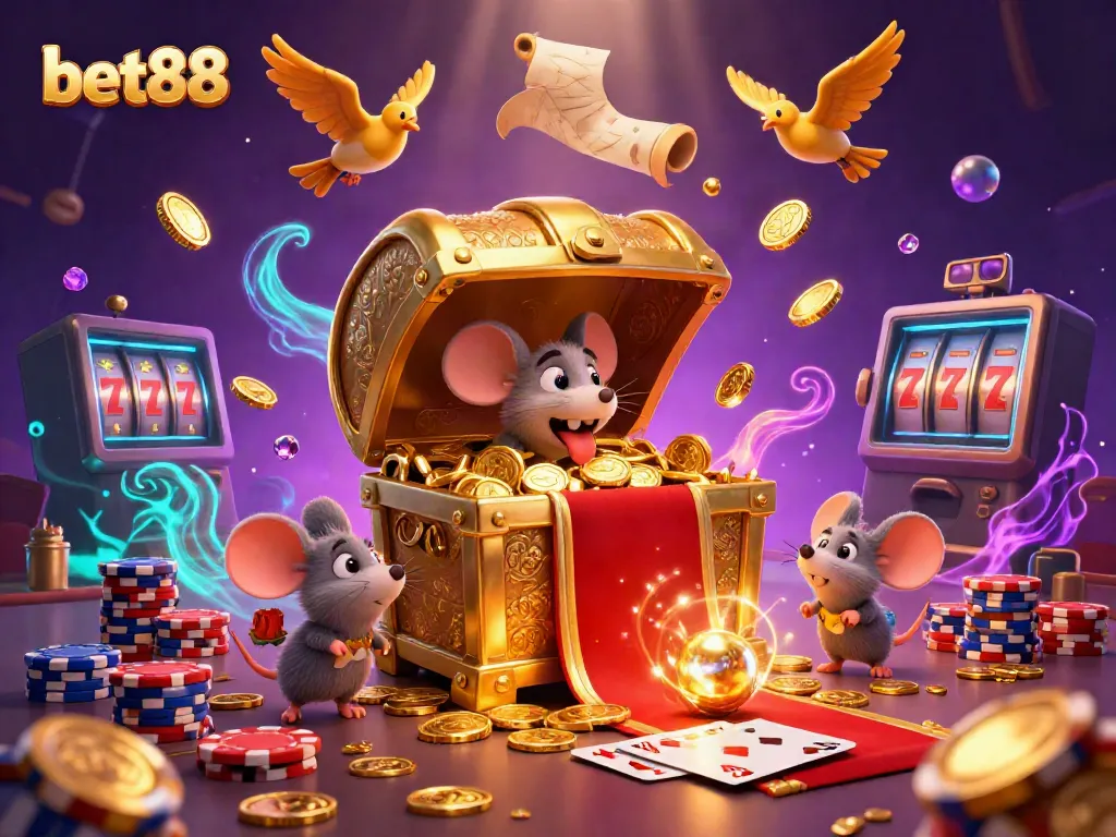 Engaging bet88 gaming scene with treasure chest, sparkling casino elements, and vibrant atmosphere.