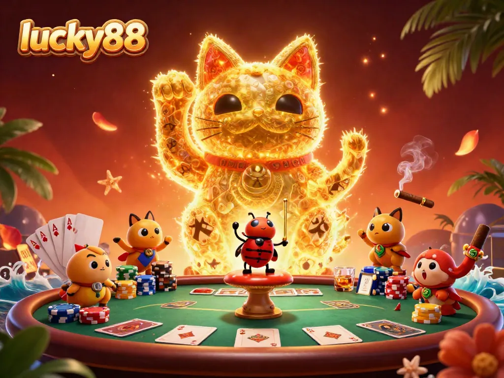 Experience epic wins at lucky88 with vibrant poker action and a playful golden lucky cat.