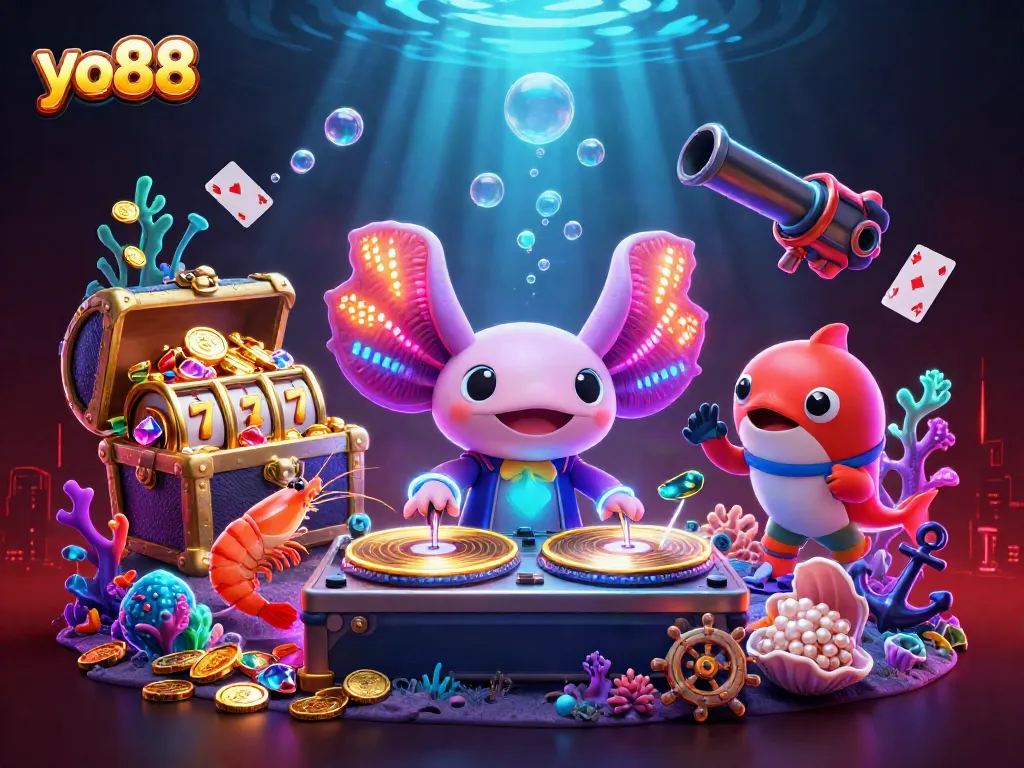 yo88 showcases an energetic underwater DJ scene with colorful characters, interactive slot elements, and vibrant casino dynamics.