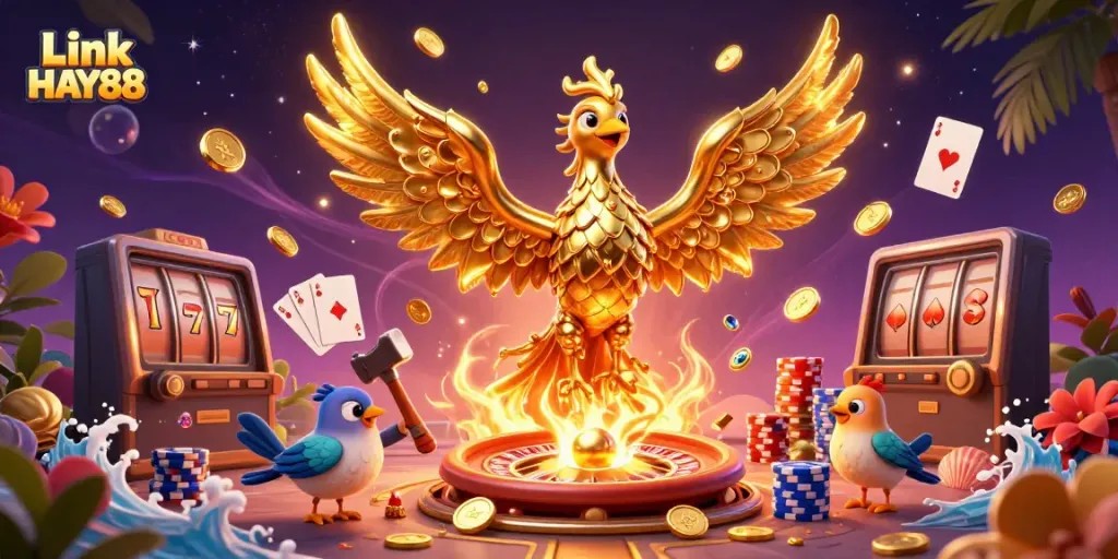Experience thrilling gameplay with Link HAY88, featuring a molten phoenix and vibrant casino elements.