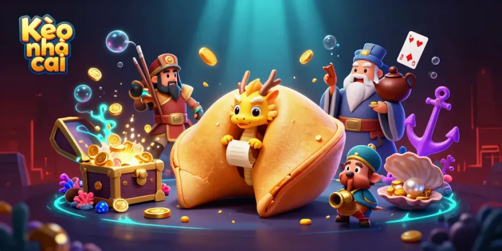 Engage with Kèo nhà cái through a dynamic casino scene showcasing golden fortune cookies, wise dragons, and treasure elements.