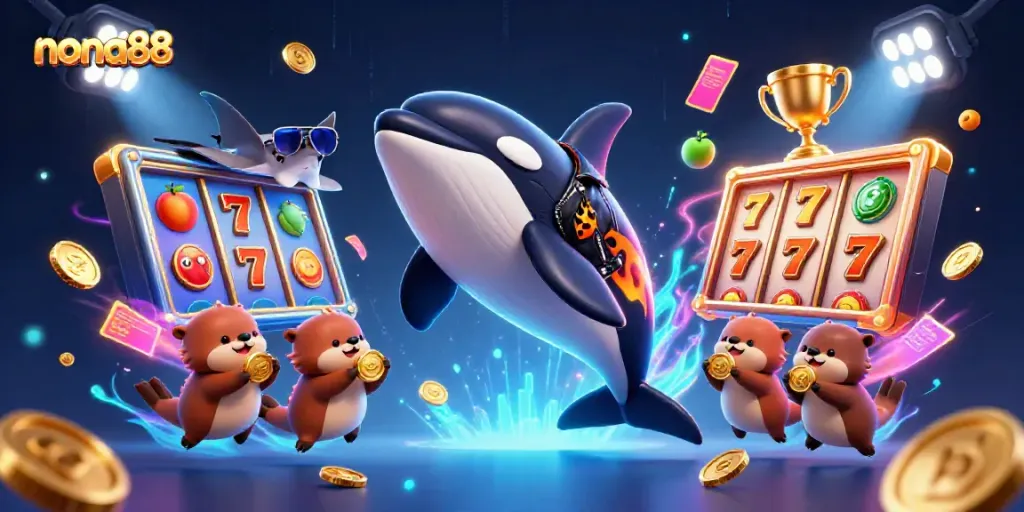 Visualisasi karakter 3D nona88, naga, dan koin emas mengelilingi mesin slot
