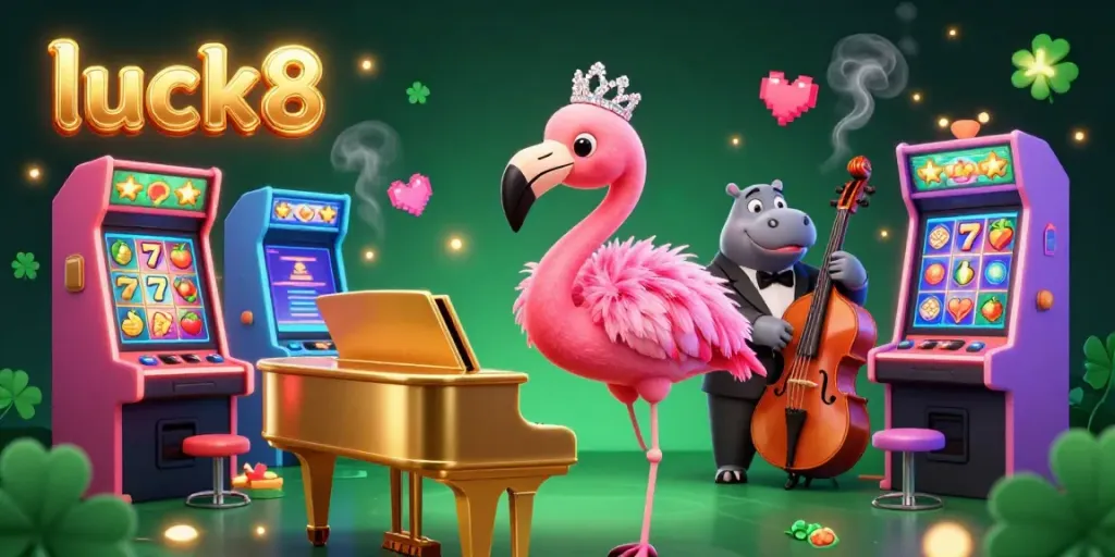 Experience luck8's vibrant casino atmosphere with a flamingo singer and hippo bassist surrounded by dazzling slot machines.