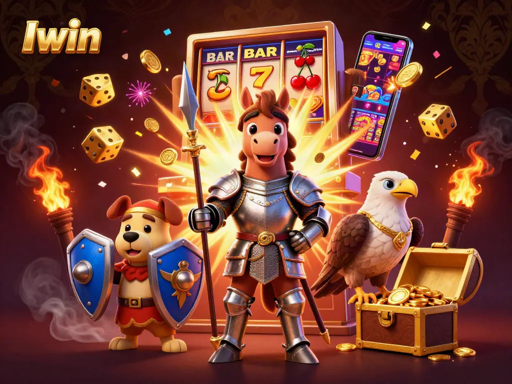 Iwin slots adventure with a knight, puppy, and falcon amidst coins and jackpot excitement