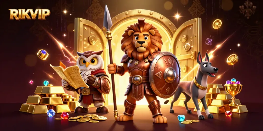 Engage in thrilling gameplay at RIKVIP with a vibrant illustration of casino-themed characters and treasures.