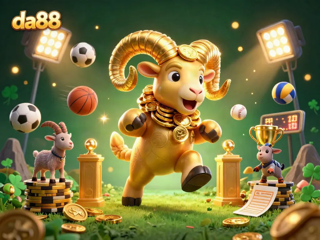 Hit big with da88 as a golden ram charges through a thrilling sports betting scene, showcasing excitement.