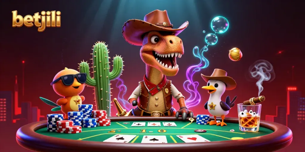 Experience the thrill at betjili with a dynamic scene of a cowboy dinosaur and friends at a poker table.