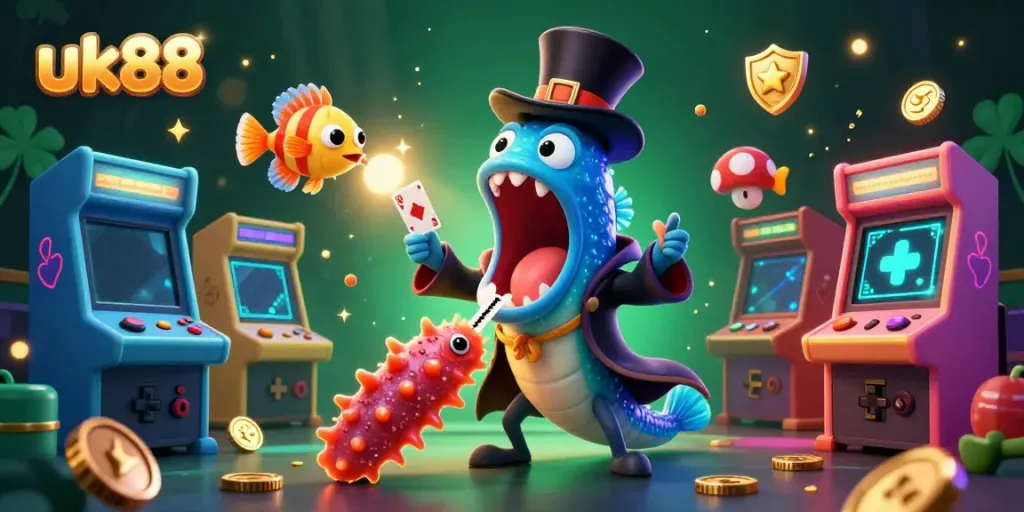 Experience the thrill of uk88 with vibrant characters and casino games in a dynamic underwater scene.