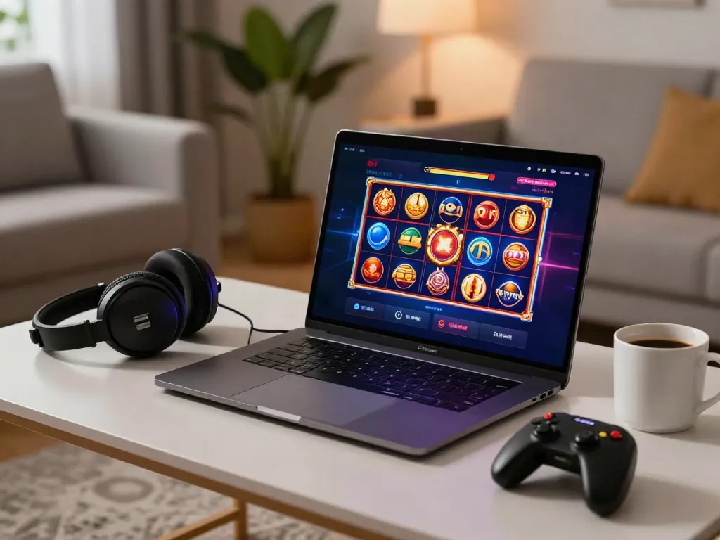 Engaging slot88 gaming setup with laptop and accessories in cozy living room.