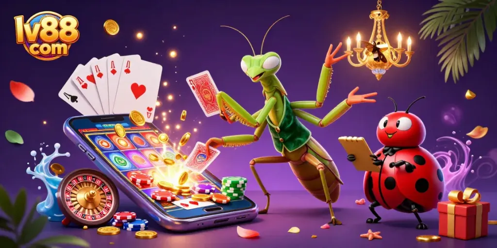 Engage with lv88 com's thrilling gaming experience featuring a cartoon mantis, cards, and vibrant slot reels.