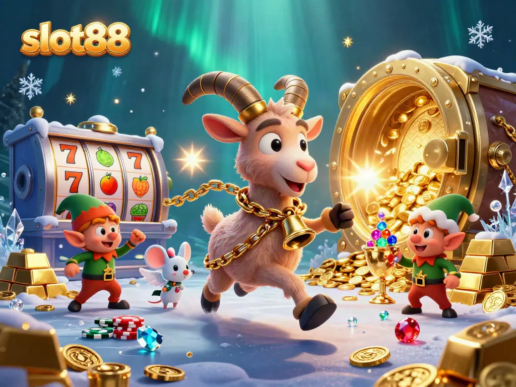 Ilustrasi slot88 yang menggambarkan kasino dengan karakter kartun dalam suasana meriah dan menakutkan.