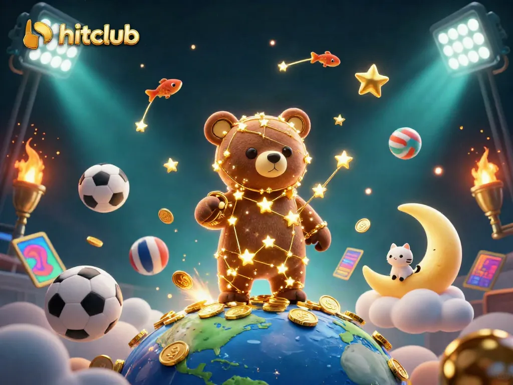 Hitclub showcases a vibrant 3D casino scene with a constellation bear, coins, and sports elements.