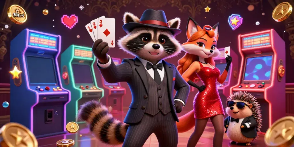 Engage with 888vnd's vibrant casino scene through a 3D raccoon holding a royal flush and lively game elements.