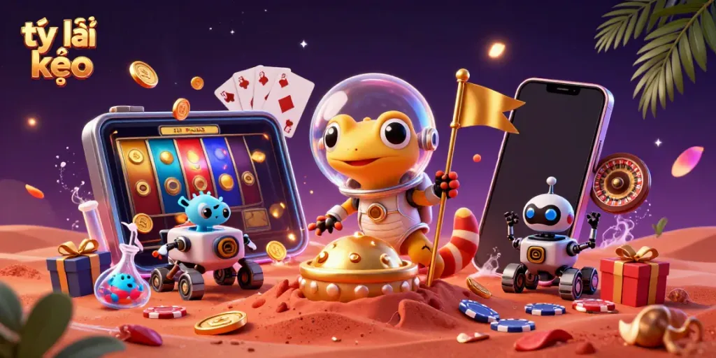 Experience the thrill of tỷ lệ kèo with a vibrant illustration showcasing colorful slot games and dynamic casino elements.