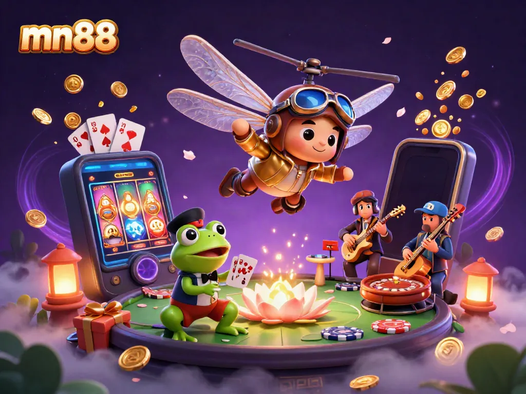 Engage with mn88 in a vibrant online casino scene featuring lively characters and dynamic gaming elements.