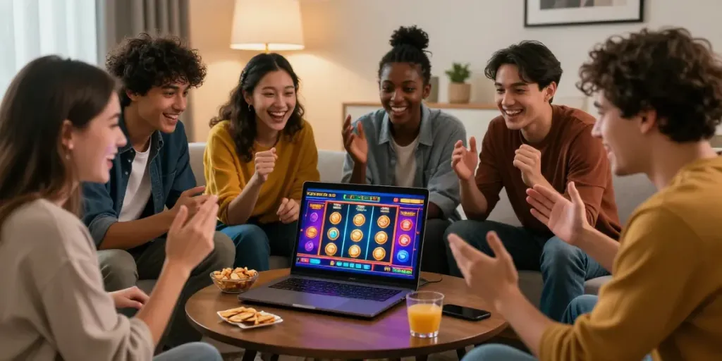 Friends enjoying a situs gacor game night with vibrant slot graphics on a laptop.