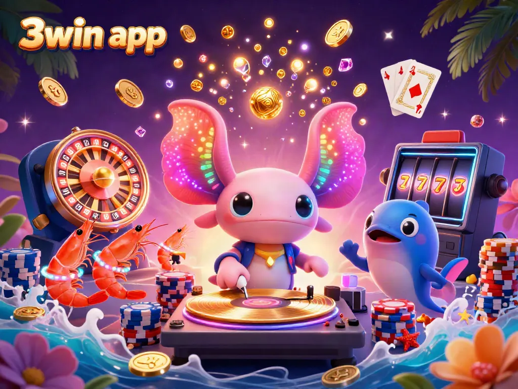 Experience the excitement of the 3win app with a vibrant undersea casino scene featuring a DJ, shrimp dancers, and gold coins.
