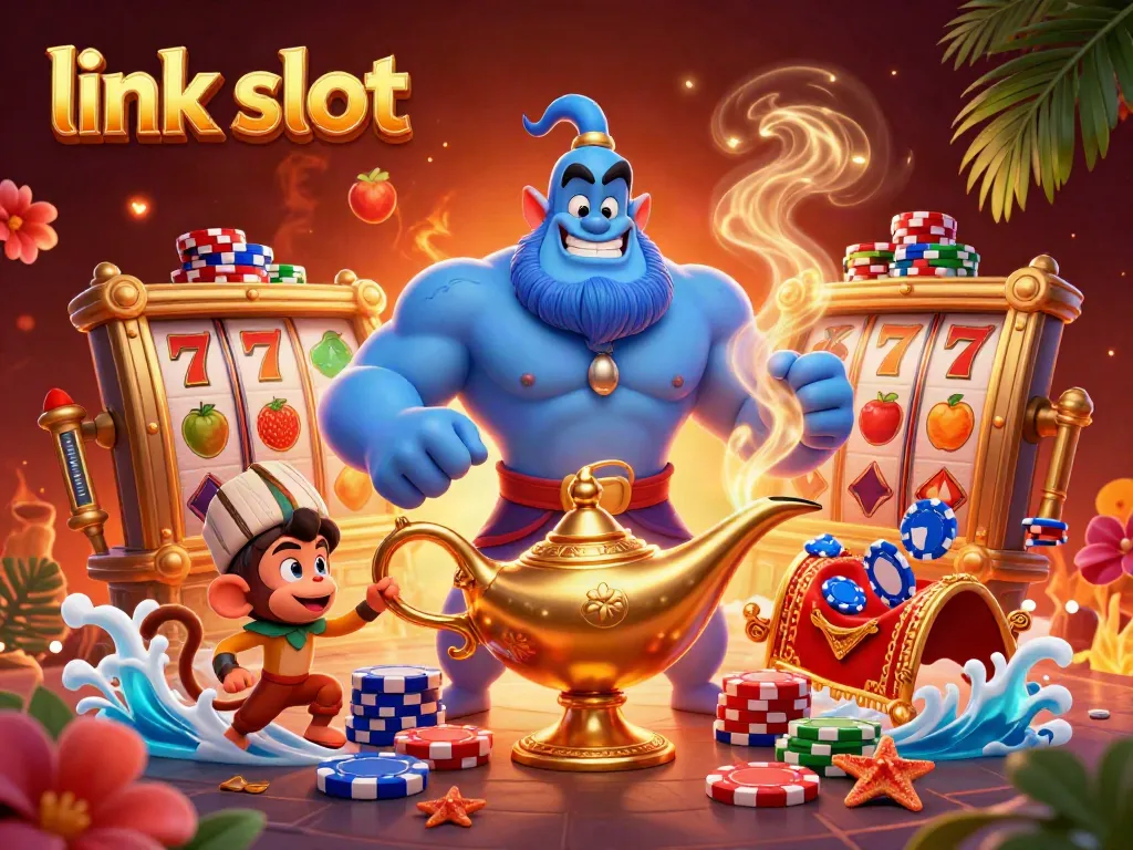 Experience the thrill of link slot gaming with dynamic visuals and engaging symbols in this 3D illustration.