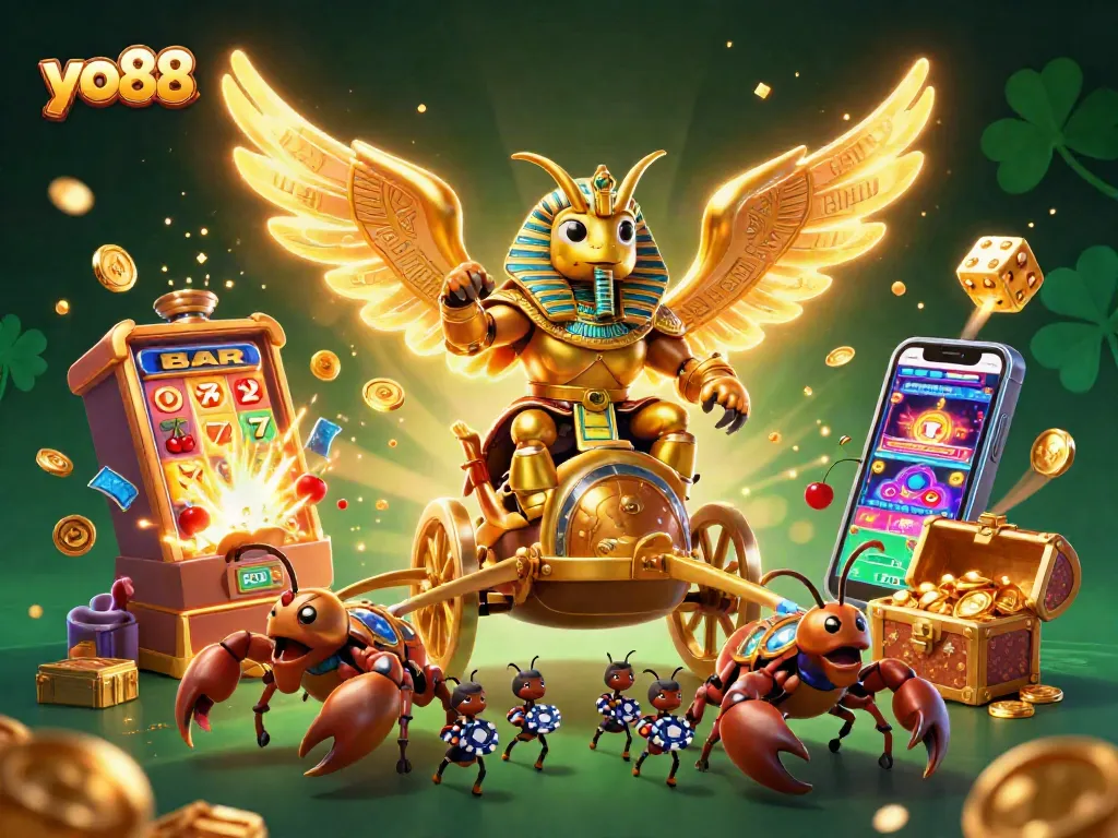 Engage with yo88 through this vibrant illustration of casino excitement, featuring lively characters and game elements.